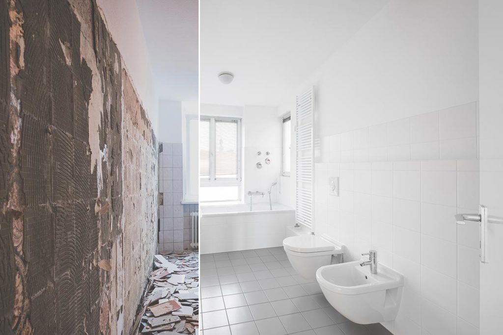 Salle de bain avant et après rénovation sanitaire. La baignoire, les toilette, le lavabo et le carrelage sont remis à neuf